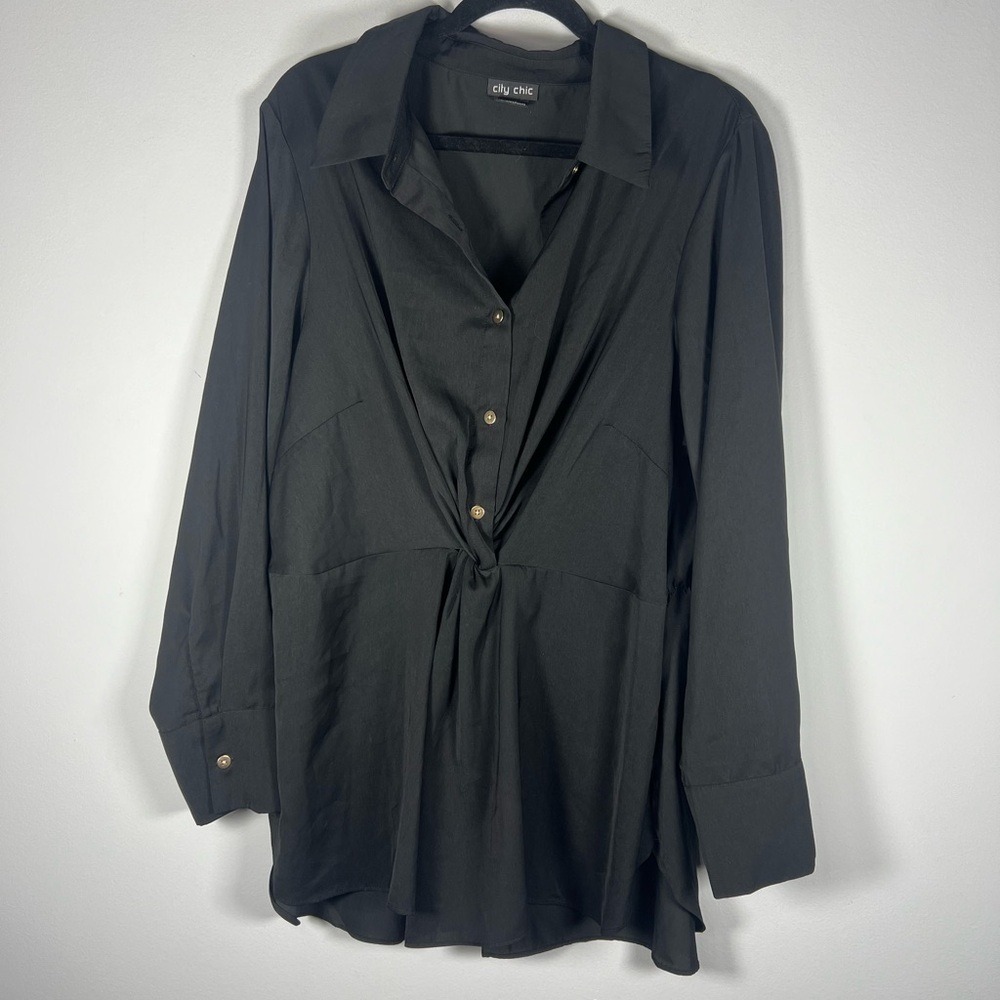 City Chic Black Button Down Long Line Blouse M/18 - Picture 2 of 6